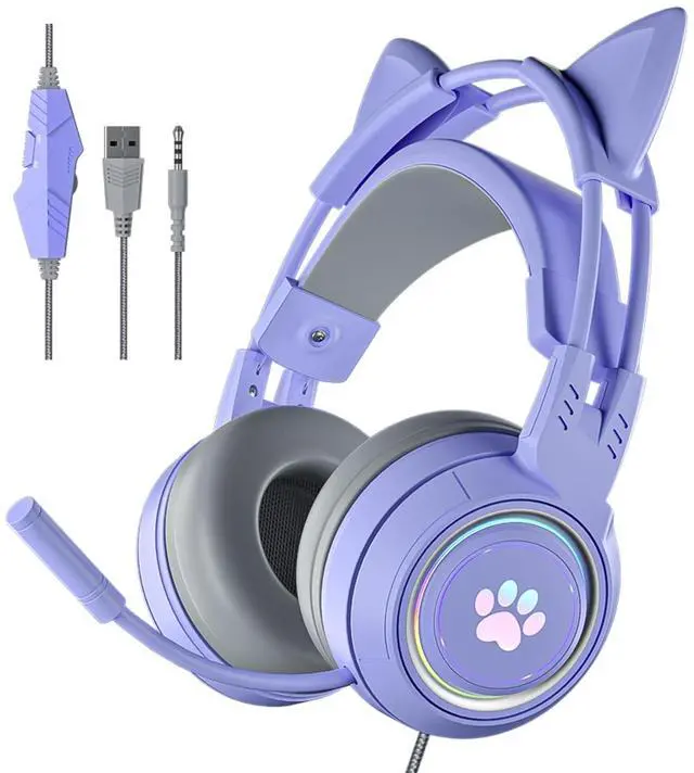 Main image of Cat Ear Headphones Purple Gaming Headset with Mic for Switch Xbox One PS4 PS5, Cute Girl Kids Wired Headphones Light up Kawaii Kitty Noise Cancelling Headphones for Gamer PC Laptop