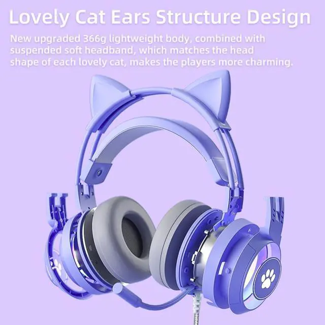 Alt view image 2 of 6 - Cat Ear Headphones Purple Gaming Headset with Mic for Switch Xbox One PS4 PS5, Cute Girl Kids Wired Headphones Light up Kawaii Kitty Noise Cancelling Headphones for Gamer PC Laptop