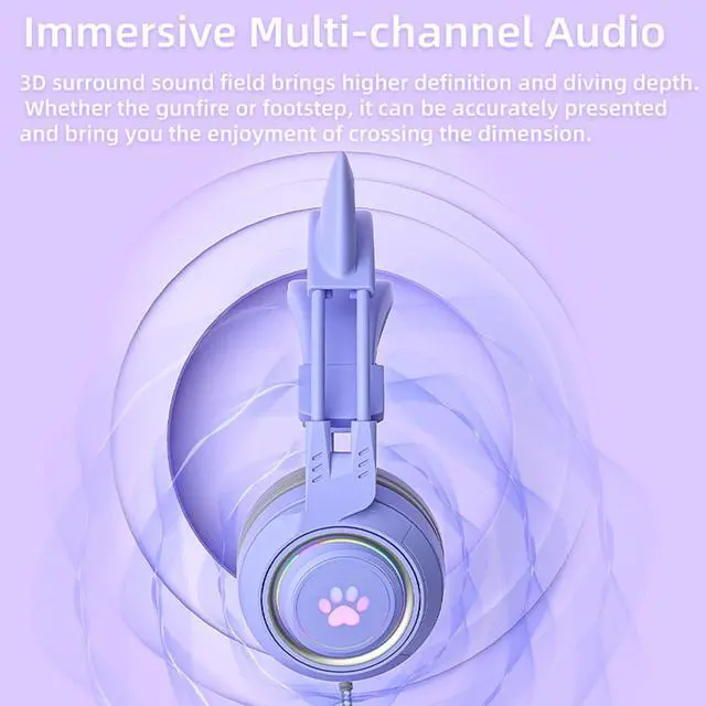 Alt view image 3 of 6 - Cat Ear Headphones Purple Gaming Headset with Mic for Switch Xbox One PS4 PS5, Cute Girl Kids Wired Headphones Light up Kawaii Kitty Noise Cancelling Headphones for Gamer PC Laptop
