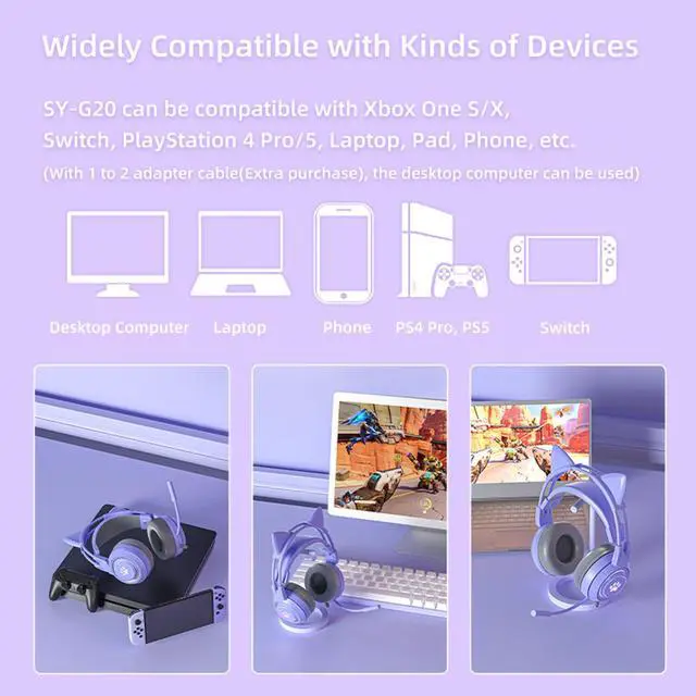 Alt view image 4 of 6 - Cat Ear Headphones Purple Gaming Headset with Mic for Switch Xbox One PS4 PS5, Cute Girl Kids Wired Headphones Light up Kawaii Kitty Noise Cancelling Headphones for Gamer PC Laptop