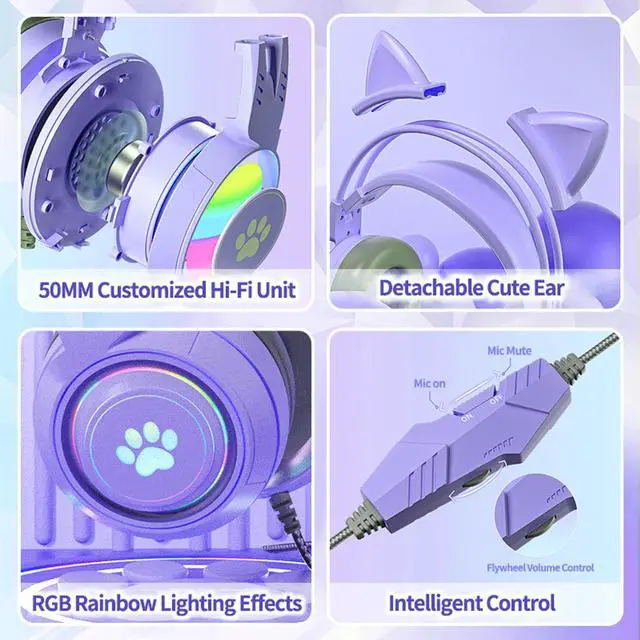 Alt view image 5 of 6 - Cat Ear Headphones Purple Gaming Headset with Mic for Switch Xbox One PS4 PS5, Cute Girl Kids Wired Headphones Light up Kawaii Kitty Noise Cancelling Headphones for Gamer PC Laptop