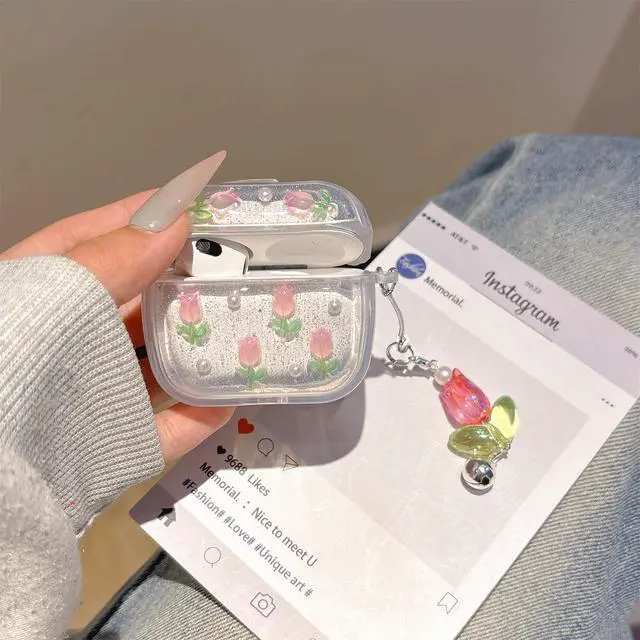 Alt view image 2 of 6 - for Apple Airpods 4 Case Cute,Exquisite Rose Tulip Shell Pattern Design,Flowers Headphone Protective Cover with Exquisite Pendant for Women Girls (Tulip)