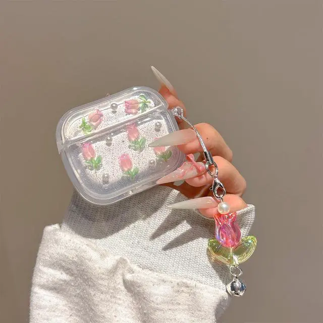 Alt view image 3 of 6 - for Apple Airpods 4 Case Cute,Exquisite Rose Tulip Shell Pattern Design,Flowers Headphone Protective Cover with Exquisite Pendant for Women Girls (Tulip)