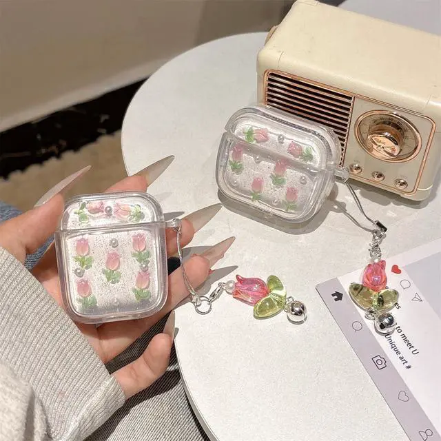 Alt view image 5 of 6 - for Apple Airpods 4 Case Cute,Exquisite Rose Tulip Shell Pattern Design,Flowers Headphone Protective Cover with Exquisite Pendant for Women Girls (Tulip)