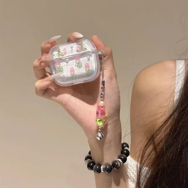 Alt view image 4 of 6 - for Apple Airpods 4 Case Cute,Exquisite Rose Tulip Shell Pattern Design,Flowers Headphone Protective Cover with Exquisite Pendant for Women Girls (Tulip)