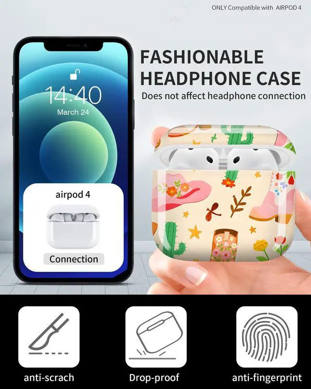 Alt view image 6 of 6 - Case Cover for AirPods 4th Generation (2024), Hard Shell Protective Case with Keychain, Aesthetic Design Shockproof Armor for AirPod 4, Support Wireless Charging, Women, Cowboy Boots Horse