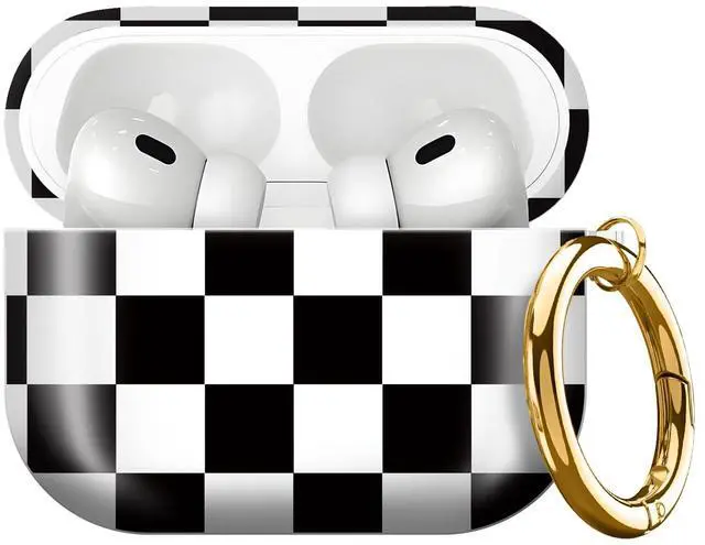Main image of Compatible with AirPods Pro 3rd Generation 2025 Case Cover with Gold Keychain - Cute Protective Hard AirPod Pro 3 Cases for Women - Black White Checkered
