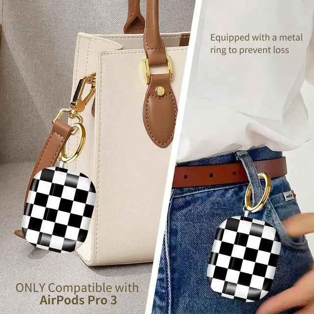 Alt view image 4 of 6 - Compatible with AirPods Pro 3rd Generation 2025 Case Cover with Gold Keychain - Cute Protective Hard AirPod Pro 3 Cases for Women - Black White Checkered