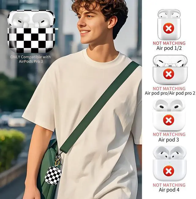 Alt view image 2 of 6 - Compatible with AirPods Pro 3rd Generation 2025 Case Cover with Gold Keychain - Cute Protective Hard AirPod Pro 3 Cases for Women - Black White Checkered