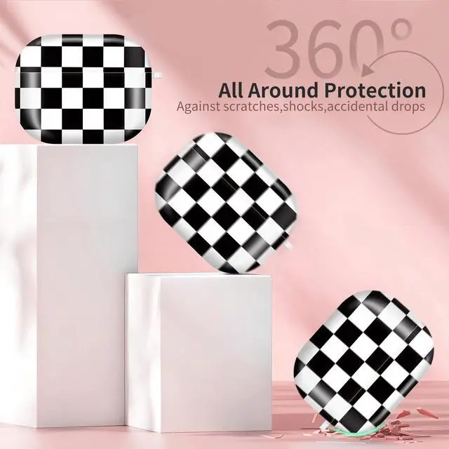 Alt view image 6 of 6 - Compatible with AirPods Pro 3rd Generation 2025 Case Cover with Gold Keychain - Cute Protective Hard AirPod Pro 3 Cases for Women - Black White Checkered
