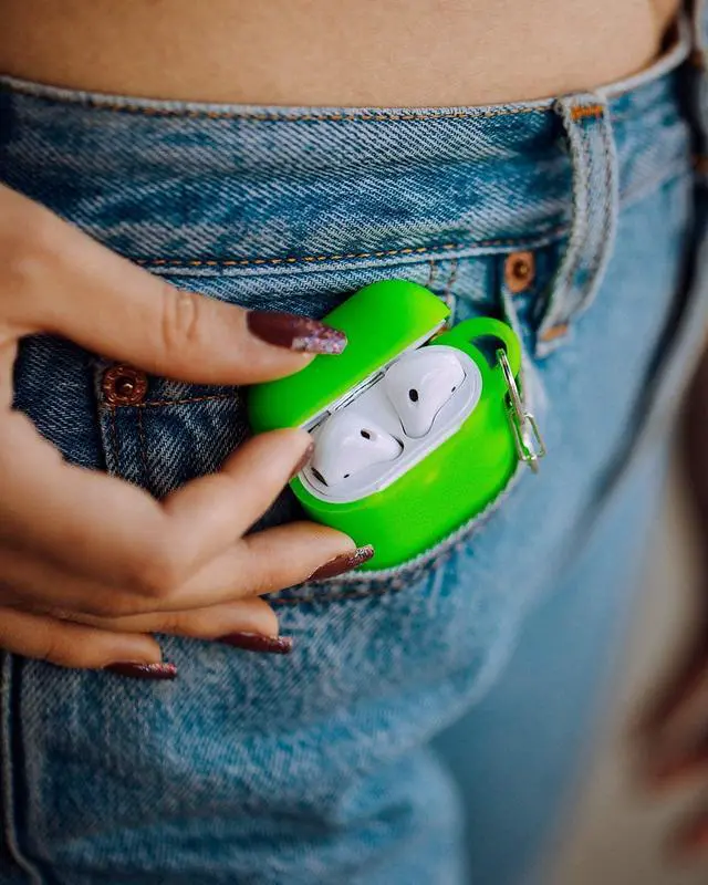 Alt view image 6 of 6 - Soft Silicone AirPods Case 2 &1 - Neon Green | Shockproof, 360° Protective Apple Airpods Case Cover with Keychain | Wireless Charging Compatible with Front LED Visible