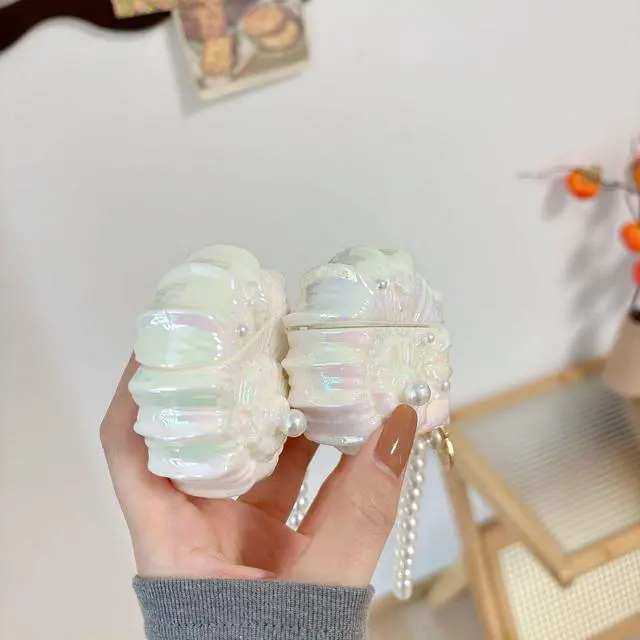 Alt view image 2 of 6 - for AirPods Pro 3 Cute Conch Case Bling Shine Dazzling Colorful Laser 3D Conch Desgin with Shell Key Chian Bead Wristband Luxury Unique for Girls Women White