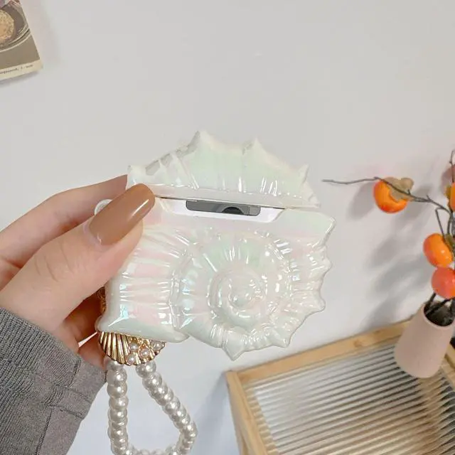 Alt view image 3 of 6 - for AirPods Pro 3 Cute Conch Case Bling Shine Dazzling Colorful Laser 3D Conch Desgin with Shell Key Chian Bead Wristband Luxury Unique for Girls Women White