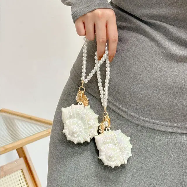 Alt view image 6 of 6 - for AirPods Pro 3 Cute Conch Case Bling Shine Dazzling Colorful Laser 3D Conch Desgin with Shell Key Chian Bead Wristband Luxury Unique for Girls Women White