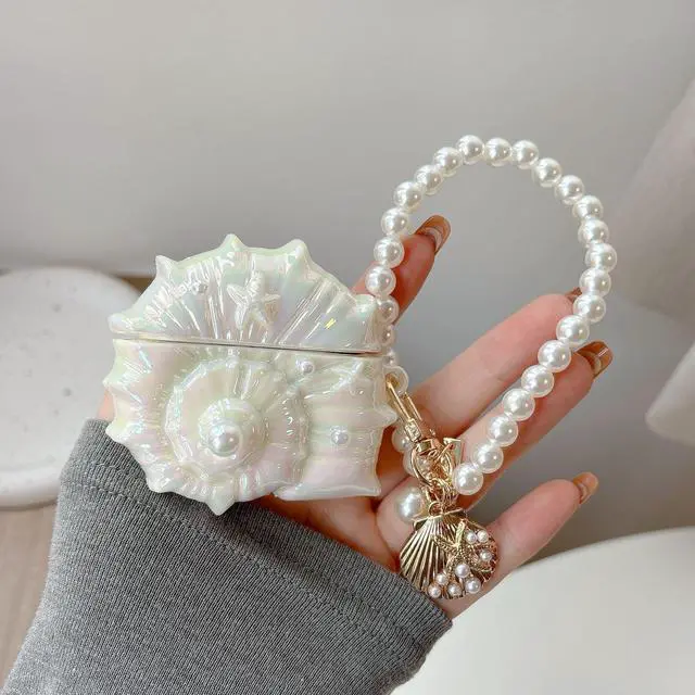 Alt view image 5 of 6 - for AirPods Pro 3 Cute Conch Case Bling Shine Dazzling Colorful Laser 3D Conch Desgin with Shell Key Chian Bead Wristband Luxury Unique for Girls Women White