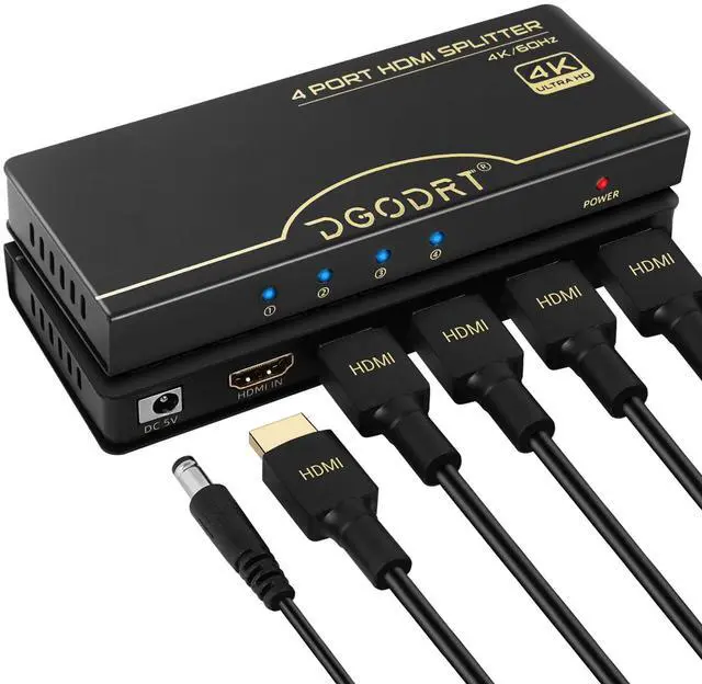 Main image of HDMI Splitter 1 in 4 Out 4K@60Hz, 1x4 4 Port HDMI 2.0 Splitter UHD Powered, Support HDCP Bypass, EDID Management, 18Gbps Bandwidth 4-Way Output for TV, Fire Stick, PS5, Blu-ray
