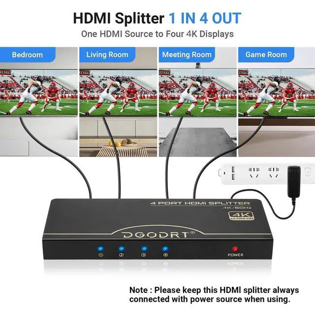 Alt view image 2 of 6 - HDMI Splitter 1 in 4 Out 4K@60Hz, 1x4 4 Port HDMI 2.0 Splitter UHD Powered, Support HDCP Bypass, EDID Management, 18Gbps Bandwidth 4-Way Output for TV, Fire Stick, PS5, Blu-ray