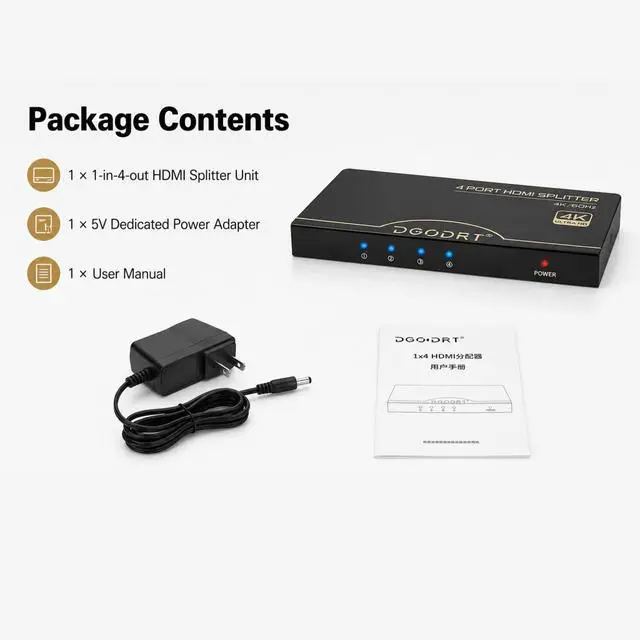 Alt view image 6 of 6 - HDMI Splitter 1 in 4 Out 4K@60Hz, 1x4 4 Port HDMI 2.0 Splitter UHD Powered, Support HDCP Bypass, EDID Management, 18Gbps Bandwidth 4-Way Output for TV, Fire Stick, PS5, Blu-ray