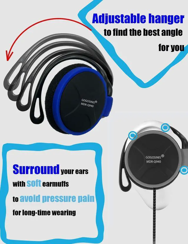 Alt view image 3 of 6 - Comfortable Kids On-Ear Headphones for School with Soft Sponge Cushions, Adjustable Earhooks, 3.5mm Jack, and Headphone Case - Perfect for Tablets and Computers (Blue)