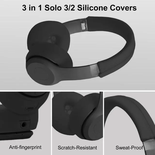 Alt view image 3 of 6 - Solo3 Ear Pads & Ear Covers & Headband Cover for Beats Solo 3 & Solo 2 Wireless Headphones, Protein Leather Solo3 Earpad Replacement Accessories Silicone Sweat Covers - Black
