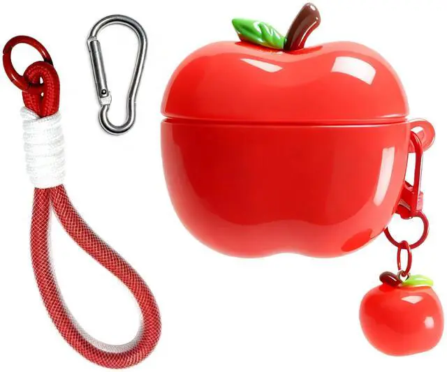 Main image of Cute Apple Shaped Wireless Earbuds Case - Electroplated Earphones Case Compatible with AirPods Pro/Pro 2, Fruit Design Silicone Protective Earphones Cover with Apple Pendant and Rope (Red)