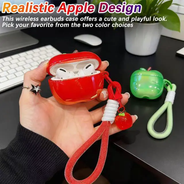 Alt view image 2 of 6 - Cute Apple Shaped Wireless Earbuds Case - Electroplated Earphones Case Compatible with AirPods Pro/Pro 2, Fruit Design Silicone Protective Earphones Cover with Apple Pendant and Rope (Red)