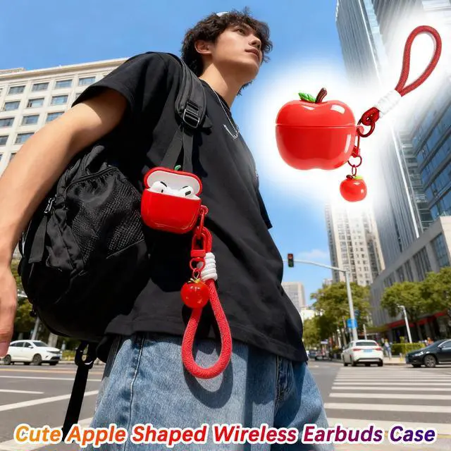 Alt view image 3 of 6 - Cute Apple Shaped Wireless Earbuds Case - Electroplated Earphones Case Compatible with AirPods Pro/Pro 2, Fruit Design Silicone Protective Earphones Cover with Apple Pendant and Rope (Red)