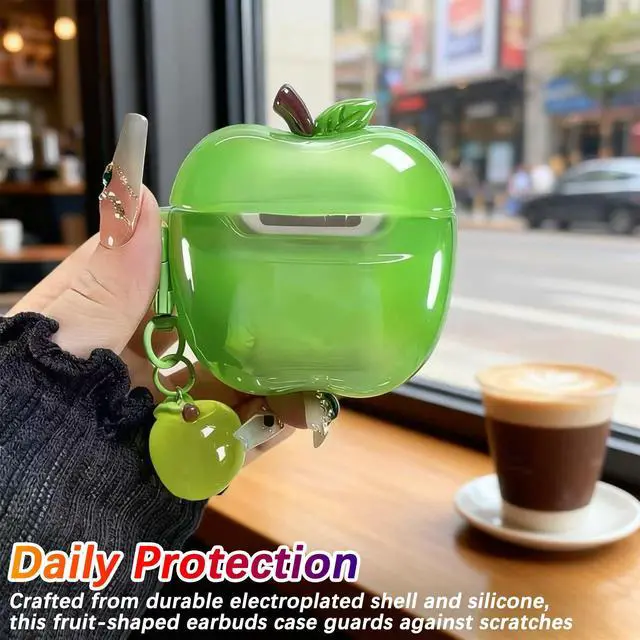Alt view image 4 of 6 - Cute Apple Shaped Wireless Earbuds Case - Electroplated Earphones Case Compatible with AirPods Pro/Pro 2, Fruit Design Silicone Protective Earphones Cover with Apple Pendant and Rope (Red)