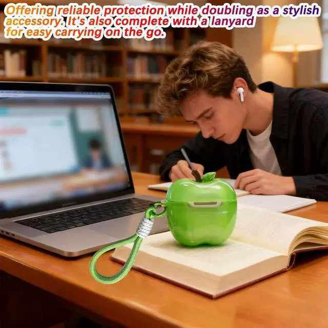 Alt view image 5 of 6 - Cute Apple Shaped Wireless Earbuds Case - Electroplated Earphones Case Compatible with AirPods Pro/Pro 2, Fruit Design Silicone Protective Earphones Cover with Apple Pendant and Rope (Red)