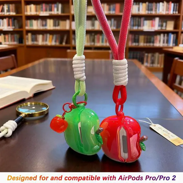 Alt view image 6 of 6 - Cute Apple Shaped Wireless Earbuds Case - Electroplated Earphones Case Compatible with AirPods Pro/Pro 2, Fruit Design Silicone Protective Earphones Cover with Apple Pendant and Rope (Red)
