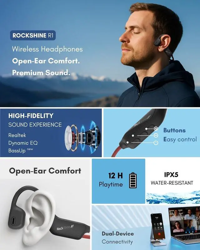 Alt view image 4 of 7 - R1 Open Ear Sport Headphones | Bone Conduction Running Headphones, Bluetooth 5.3, 12H Battery, Sweatproof & Water-Resistant, Deep Bass Sound