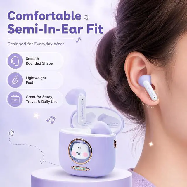Alt view image 3 of 6 - Cat Earbuds for Girls, Bluetooth 5.4 Wireless Headphones, LED Case | Hearing Protection, Touch Control, 28H Playtime, Wide Device Compatibility, Comfortable Lightweight Design