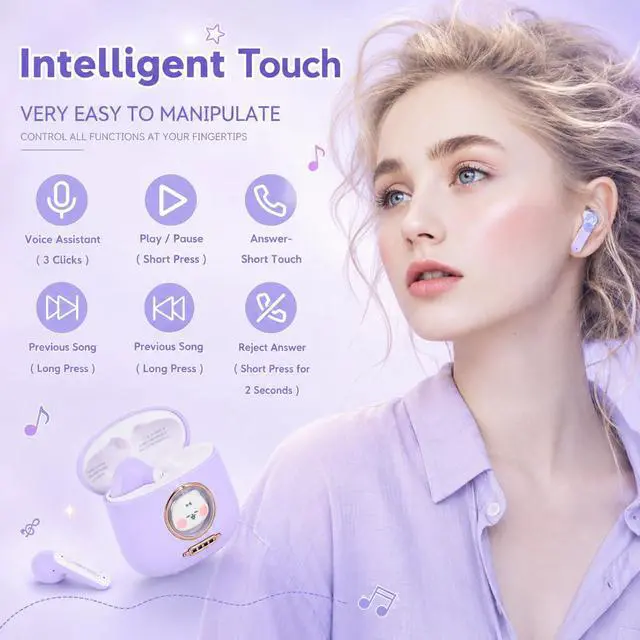 Alt view image 5 of 6 - Cat Earbuds for Girls, Bluetooth 5.4 Wireless Headphones, LED Case | Hearing Protection, Touch Control, 28H Playtime, Wide Device Compatibility, Comfortable Lightweight Design