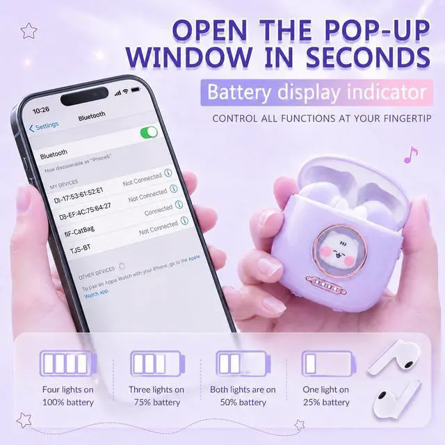 Alt view image 6 of 6 - Cat Earbuds for Girls, Bluetooth 5.4 Wireless Headphones, LED Case | Hearing Protection, Touch Control, 28H Playtime, Wide Device Compatibility, Comfortable Lightweight Design