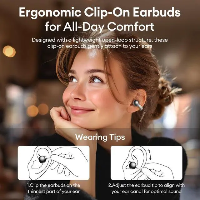 Alt view image 2 of 6 - 2026 Upgraded Clipbuds7 Clip On Earbuds with LED Display, Silver | Open Ear Earbuds Wireless Bluetooth 5.4 Touch Control, Ultra-Light 4.5g Fit Comfort for Sports Fitness Daily Use