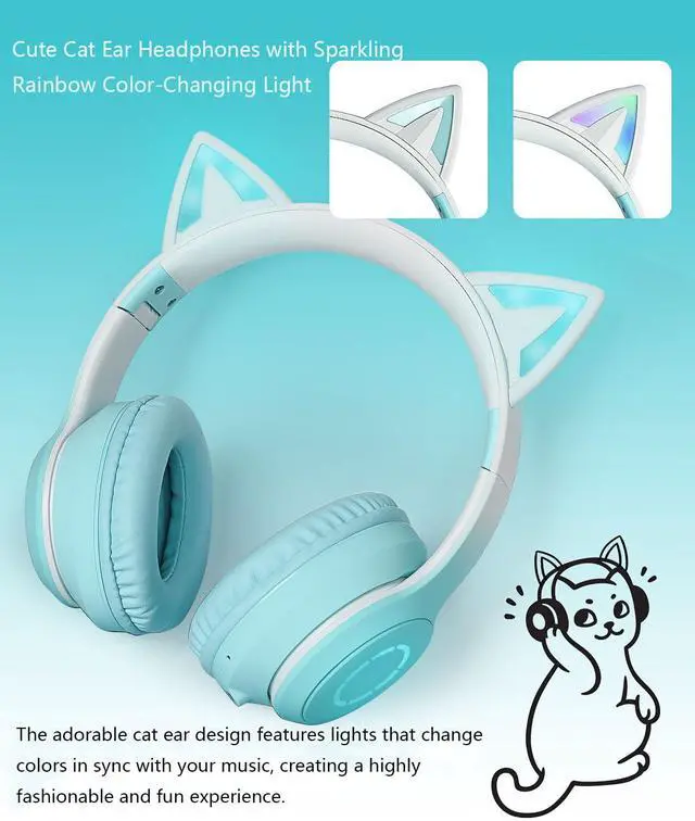 Alt view image 2 of 7 - Cute Cat Ear Bluetooth Headphones w/Built-in Mic,Over Ear Wired Headphones | with LED Lights, Foldable Wireless Headset with Cat Ear for Traveling, Gift for Boys Girls Teens Adult
