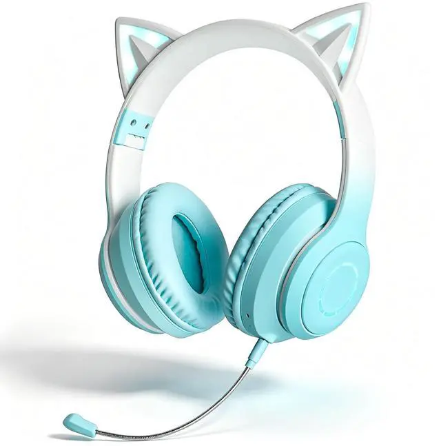 Main image of Cute Cat Ear Bluetooth Headphones w/Built-in Mic,Over Ear Wired Headphones | with LED Lights, Foldable Wireless Headset with Cat Ear for Traveling, Gift for Boys Girls Teens Adult