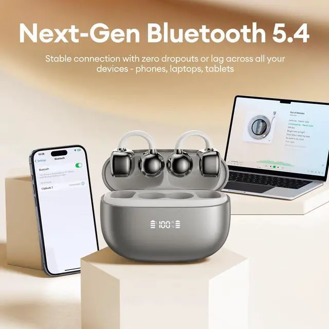 Alt view image 6 of 6 - 2026 Upgraded Clipbuds7 Clip On Earbuds with LED Display, Silver | Open Ear Earbuds Wireless Bluetooth 5.4 Touch Control, Ultra-Light 4.5g Fit Comfort for Sports Fitness Daily Use