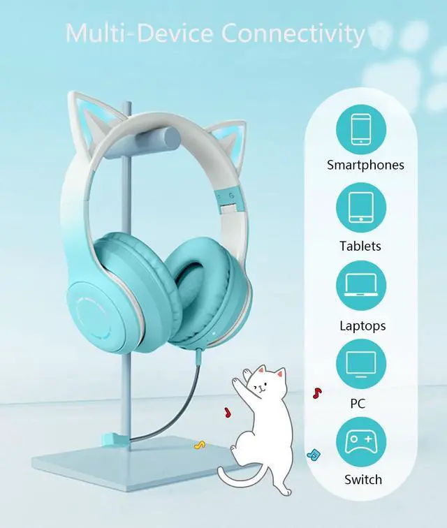 Alt view image 3 of 7 - Cute Cat Ear Bluetooth Headphones w/Built-in Mic,Over Ear Wired Headphones | with LED Lights, Foldable Wireless Headset with Cat Ear for Traveling, Gift for Boys Girls Teens Adult