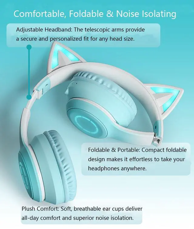 Alt view image 4 of 7 - Cute Cat Ear Bluetooth Headphones w/Built-in Mic,Over Ear Wired Headphones | with LED Lights, Foldable Wireless Headset with Cat Ear for Traveling, Gift for Boys Girls Teens Adult