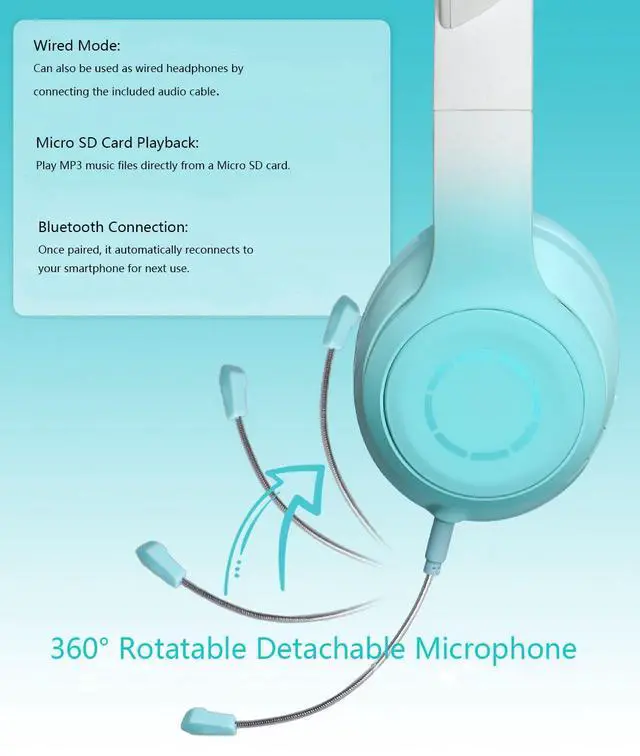 Alt view image 5 of 7 - Cute Cat Ear Bluetooth Headphones w/Built-in Mic,Over Ear Wired Headphones | with LED Lights, Foldable Wireless Headset with Cat Ear for Traveling, Gift for Boys Girls Teens Adult
