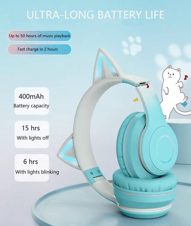 Alt view image 6 of 7 - Cute Cat Ear Bluetooth Headphones w/Built-in Mic,Over Ear Wired Headphones | with LED Lights, Foldable Wireless Headset with Cat Ear for Traveling, Gift for Boys Girls Teens Adult