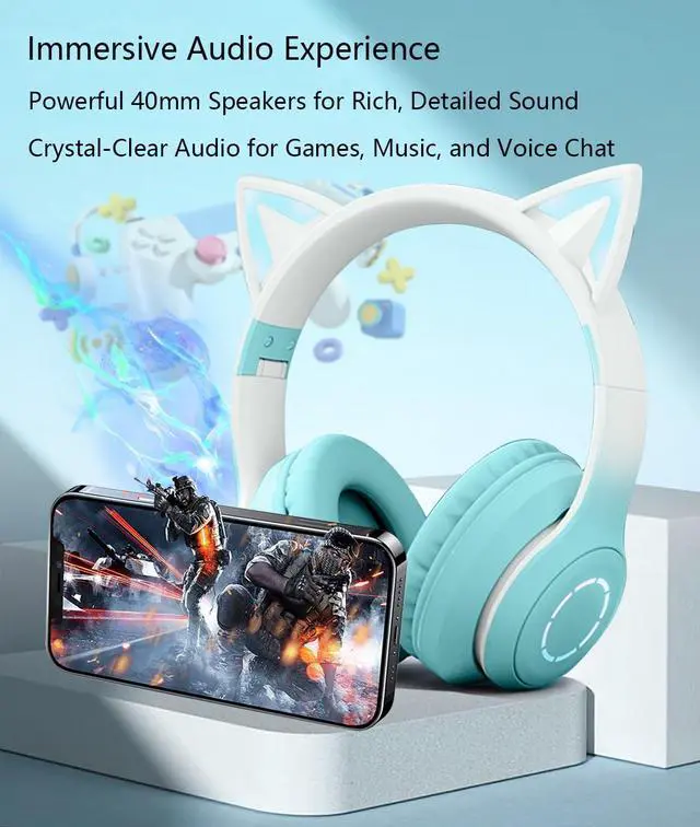 Alt view image 7 of 7 - Cute Cat Ear Bluetooth Headphones w/Built-in Mic,Over Ear Wired Headphones | with LED Lights, Foldable Wireless Headset with Cat Ear for Traveling, Gift for Boys Girls Teens Adult