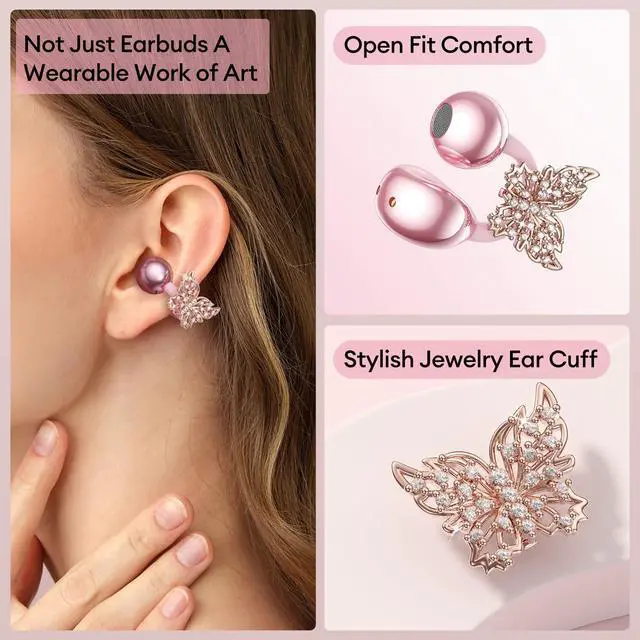 Alt view image 2 of 7 - Stylish Clip On Earbuds with Removable Gold Butterfly Earring, Open Ear Earbuds with LCD Touch Screen, Fashionables Open Ear Headphones for Women, Butterfly Earring Rose Gold M100