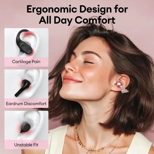 Alt view image 3 of 7 - Stylish Clip On Earbuds with Removable Gold Butterfly Earring, Open Ear Earbuds with LCD Touch Screen, Fashionables Open Ear Headphones for Women, Butterfly Earring Rose Gold M100