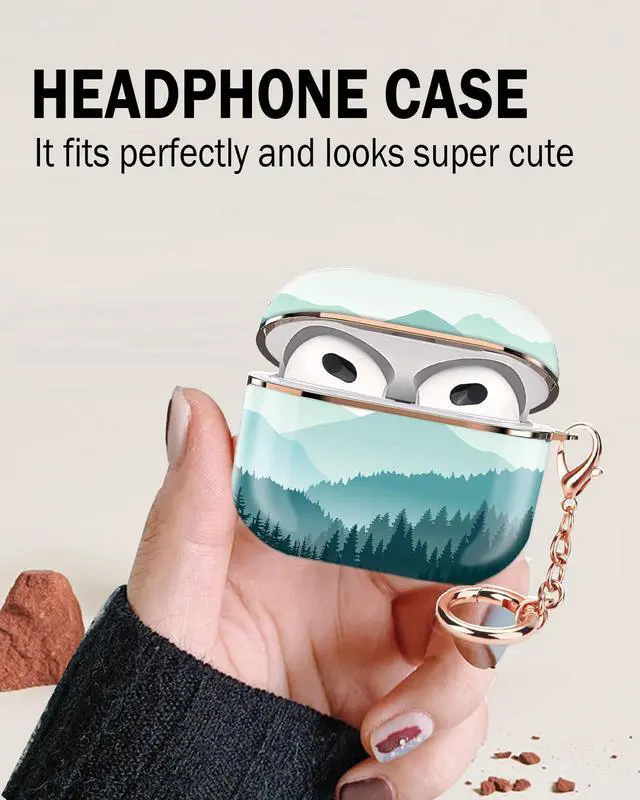 Alt view image 4 of 6 - Airpod 3 Case Cute Airpods 3rd Generation Cover Protective Shockproof Hard Cover Shell with Rose Gold Keychain Buds Case for Girl Women Men (Green Mountain)
