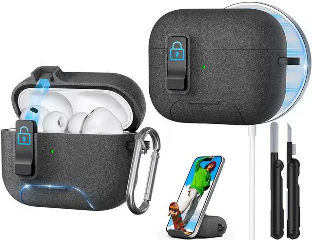 Main image of for AirPods Pro 3 Case, Sleek Protective Hard Case with Safety Lock, Phone Stand, Magnetic Snap-On Lid for Airpods Pro 3rd Generation 2025, Compatible with MagSafeIncludes Cleaning Kit and Keychain