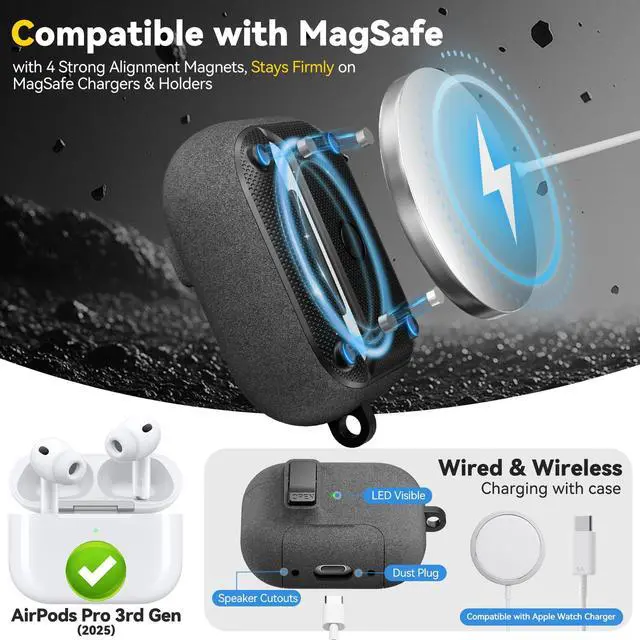 Alt view image 5 of 6 - for AirPods Pro 3 Case, Sleek Protective Hard Case with Safety Lock, Phone Stand, Magnetic Snap-On Lid for Airpods Pro 3rd Generation 2025, Compatible with MagSafeIncludes Cleaning Kit and Keychain