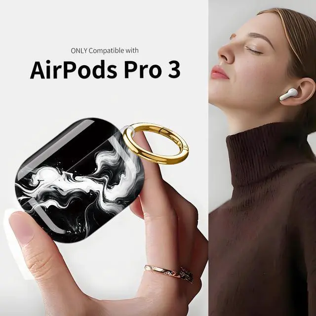 Alt view image 3 of 7 - Compatible with AirPod Pro 3 Case (2025), Shockproof Dustproof Protective Cover with Cute Golden Keychain for Women & Girls - Abstract Black White