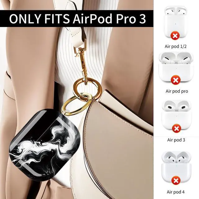 Alt view image 2 of 7 - Compatible with AirPod Pro 3 Case (2025), Shockproof Dustproof Protective Cover with Cute Golden Keychain for Women & Girls - Abstract Black White